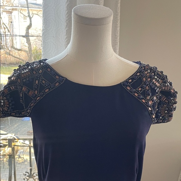 Badgely Mischka Long Navy Blue Evening Gown Size 10 Beaded Cap Sleeve Mini Train - Picture 9 of 11